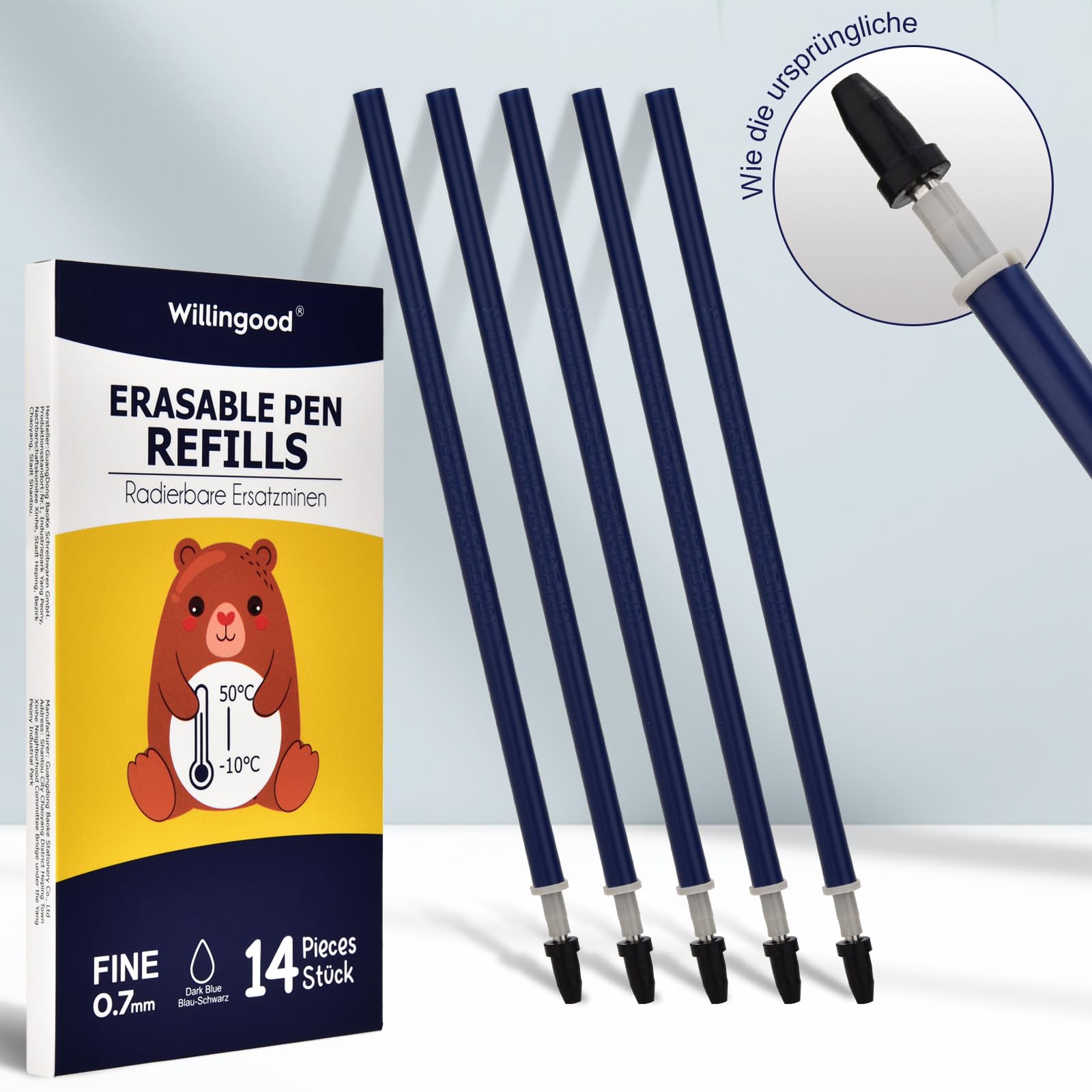 14 mine di ricambio cancellabili blu nero - compatibili con Legami - punta della penna 0,7 mm, facili da cancellare, per la scuola e la vita di tutti i giorni, altezza 13 cm