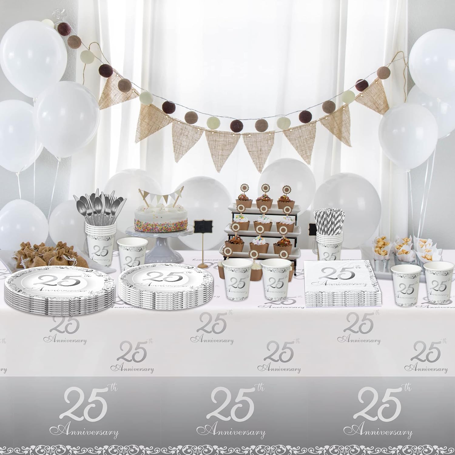 APOWBLS 25th Anniversary Decorations Tableware - Silver 25th Wedding Anniversary Party Supplies, Paper Plate, Cup, Napkin, Tablecloth, Cutlery, Straw, Serves 24