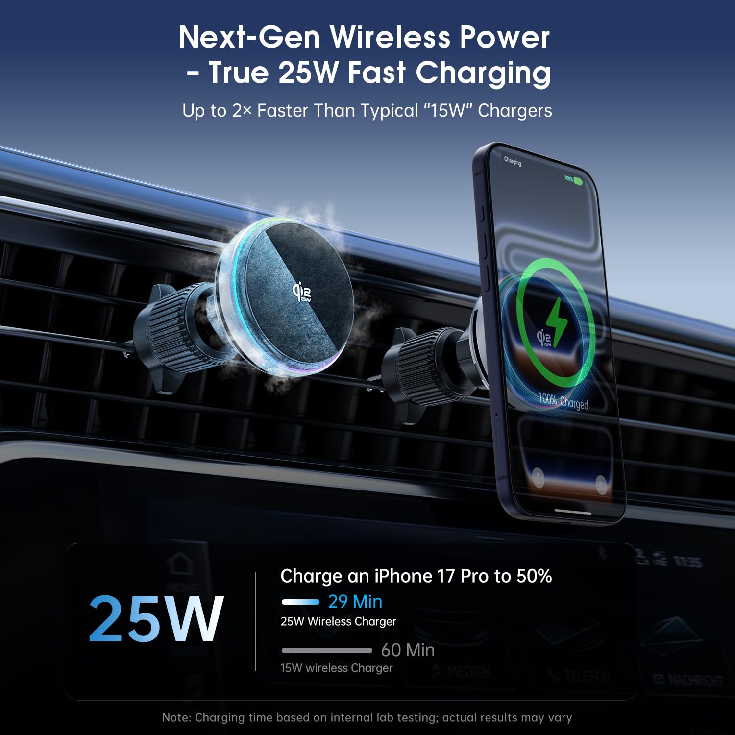 Cargador magnético inalámbrico de coche de 25 W con ventilador de refrigeración, polmxs para cargador MagSafe, rejilla de ventilación, soporte de teléfono, incluye cargador de coche de 45 W para