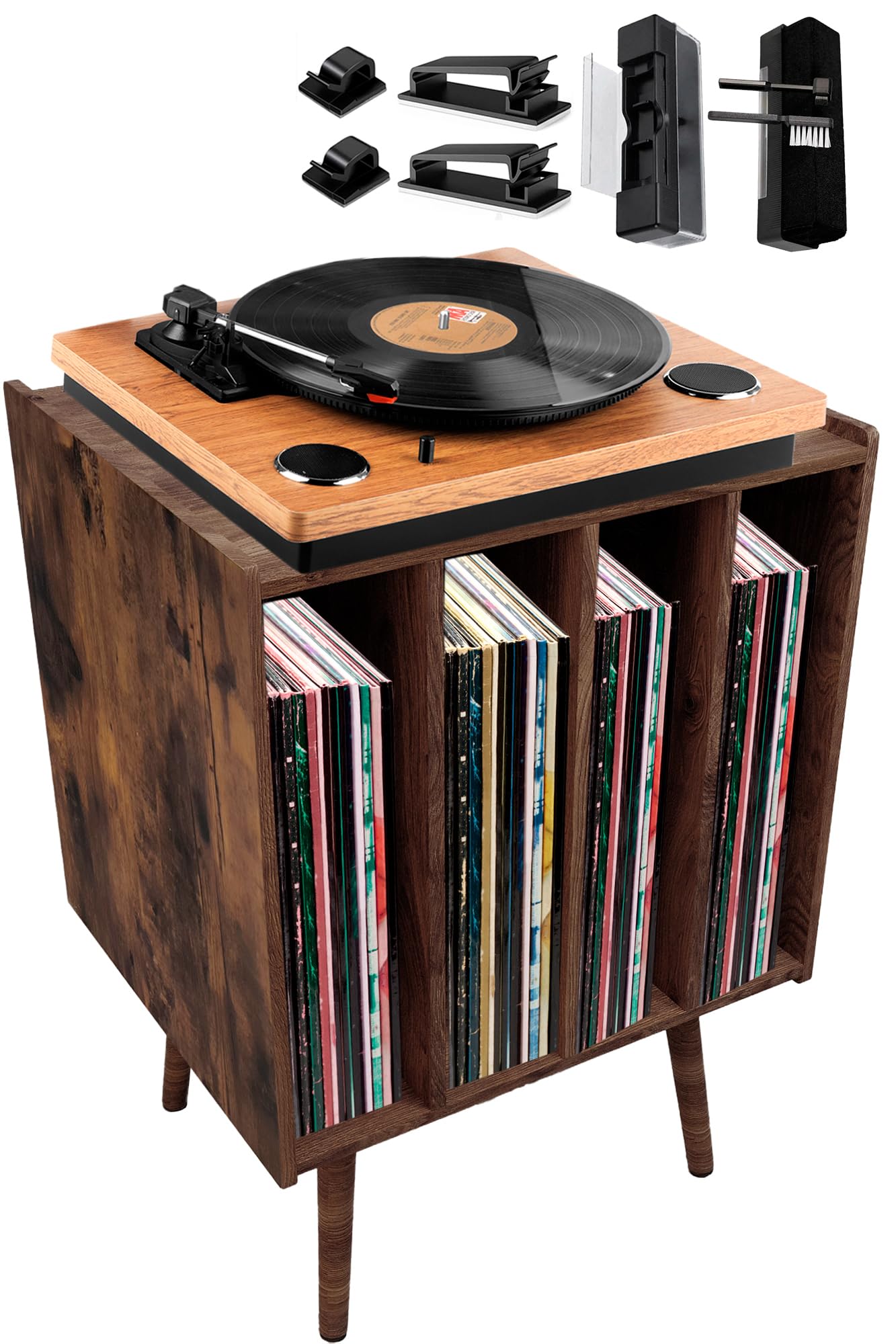 Blibblay Large Record Player Stand with Vinyl Storage, Wooden Turntable Stand with Record Storage Shelves, Mid-Century Modern Record Player Table for Albums, Stereo, Speakers, and Accessories