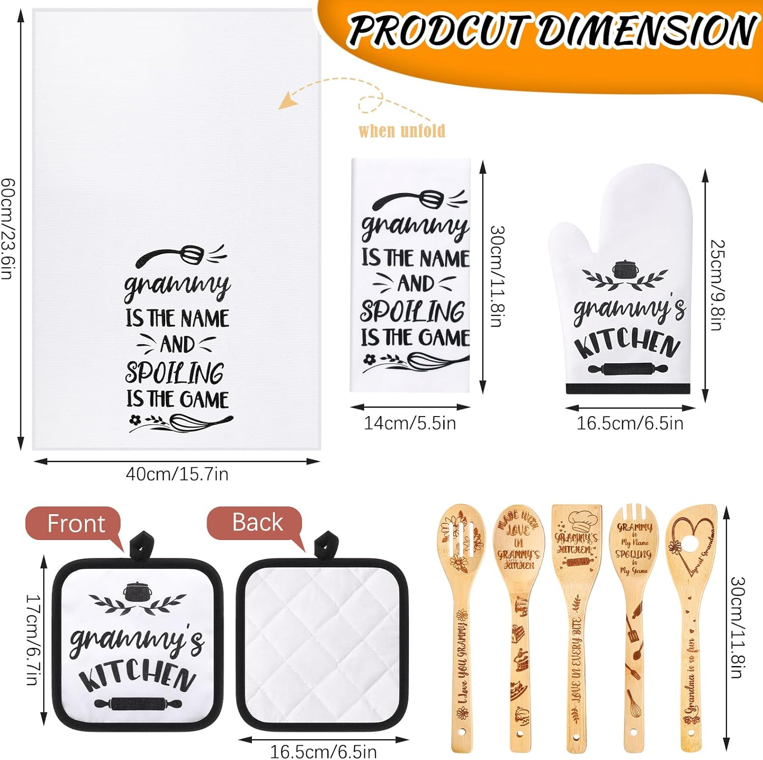 13 Pcs Mother's Day Grammy Kitchen Gifts Set Includes 1 Apron 1 Tote Bag 1 Cutting Board 2 Tea Towels 1 Oven Mitt 2 Pot Holders 5 Bamboo Kitchen Cooking Spatulas for Mothers Day Birthday