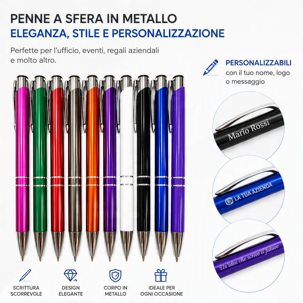 Penna a sfera personalizzata idea regalo. Penna con incisione Laser, Nome, testo,Penna a Sfera per Ufficio, Laurea, Matrimonio, Anniversario, compleanno (50, Bianco)
