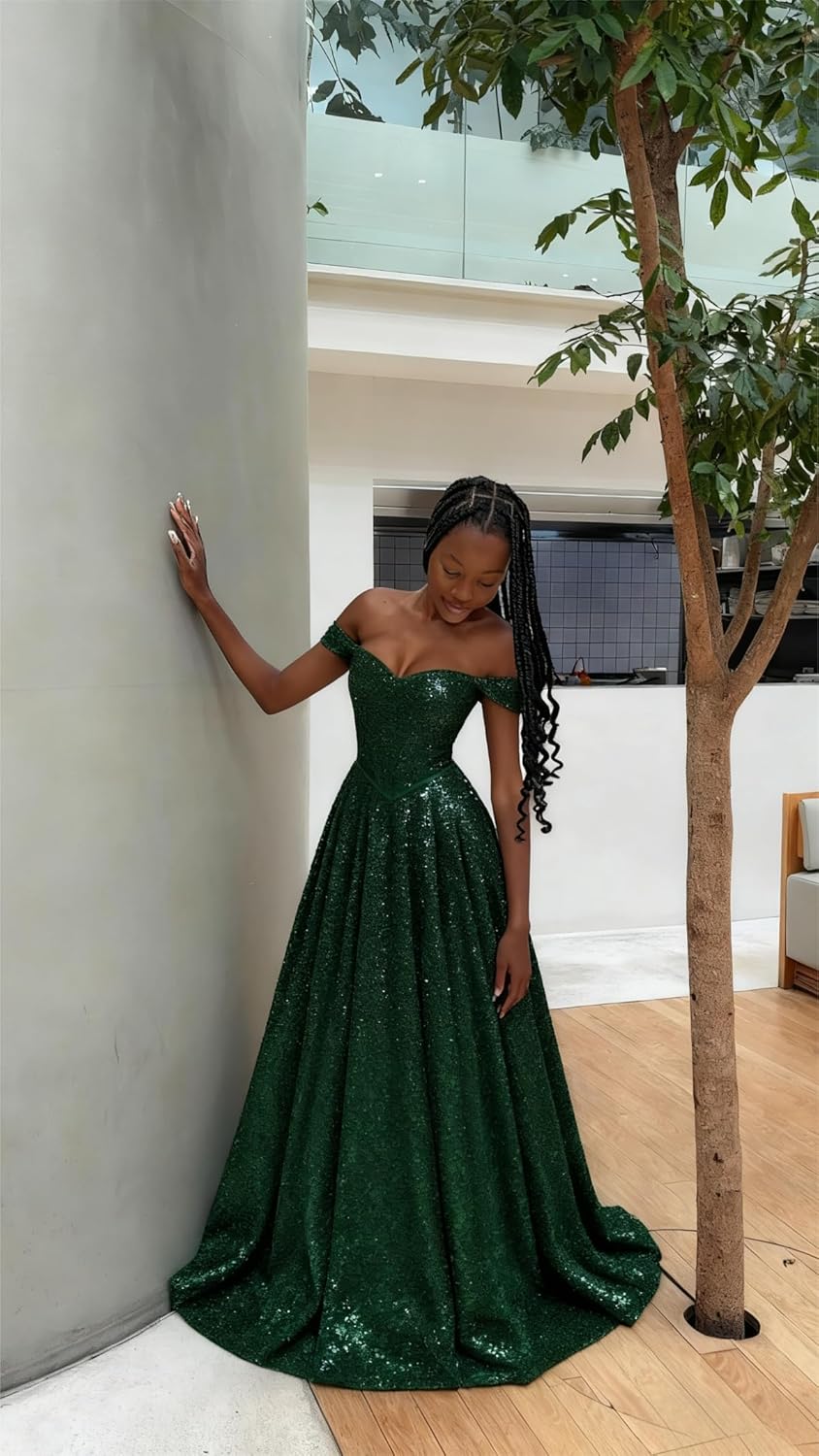 Off The Shoulder Sequin Prom Dresses for Women 2026 Sparkly A Line Long Formal Evening Gown