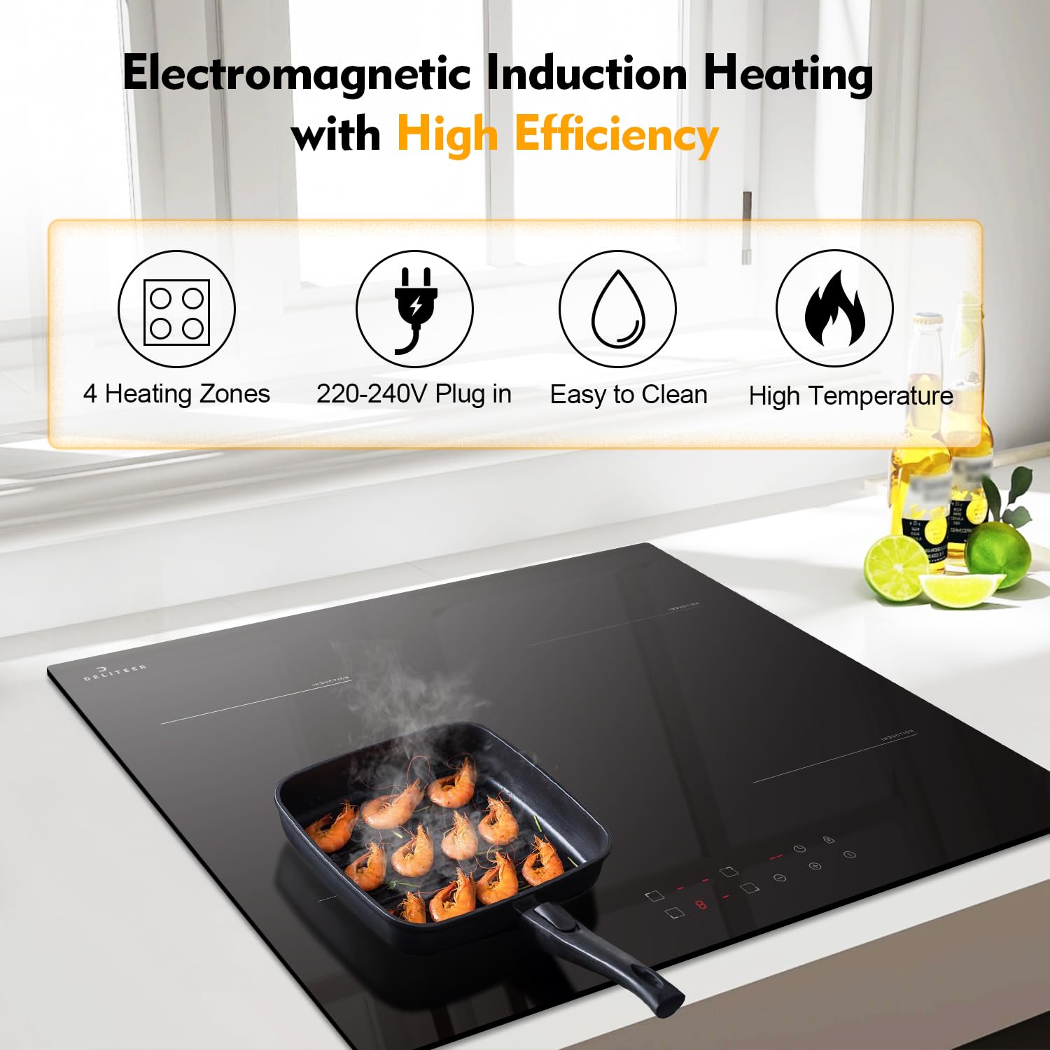 Induction Hob Plug in 13amp, Electric Induction Hobs 4 Zone, 60CM Electric Hobs Built-in 220V, 2800W Induction cooker with Safety Lock, Timer — view 3