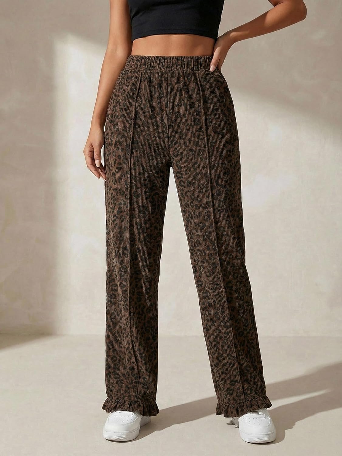 GORGLITTER Women's Leopard Cheetah Print Ruffle Pants Baggy Wide Leg Y2k Trousers - Image 4