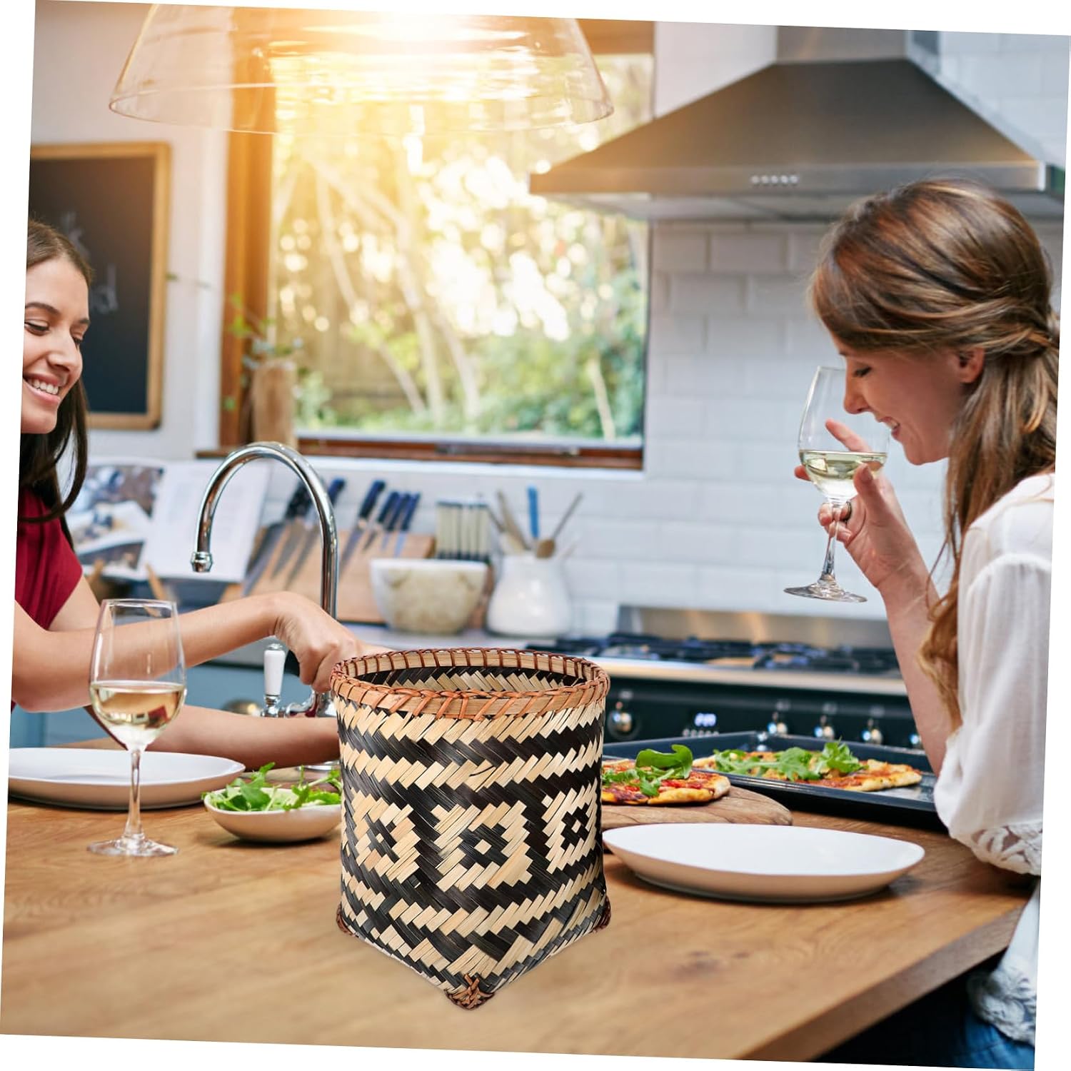 Vaguelly 2Pcs Woven Basket Decorative Trash Can Versatile Storage Bin for Home Office Living Bedroom Wastebasket for Clothes and More