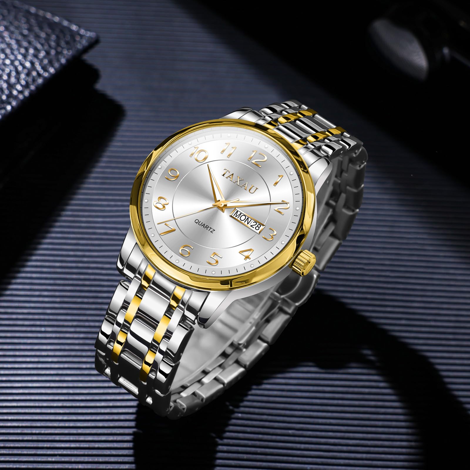 Taxau Herren Armbanduhr Quarz Analog Klassische Herrenuhr mit Edelstahlarmband und Datumsanzeige,30M Wasserdicht Elegante Business Uhr für Büro,Freizeit,Geschenk für Männer