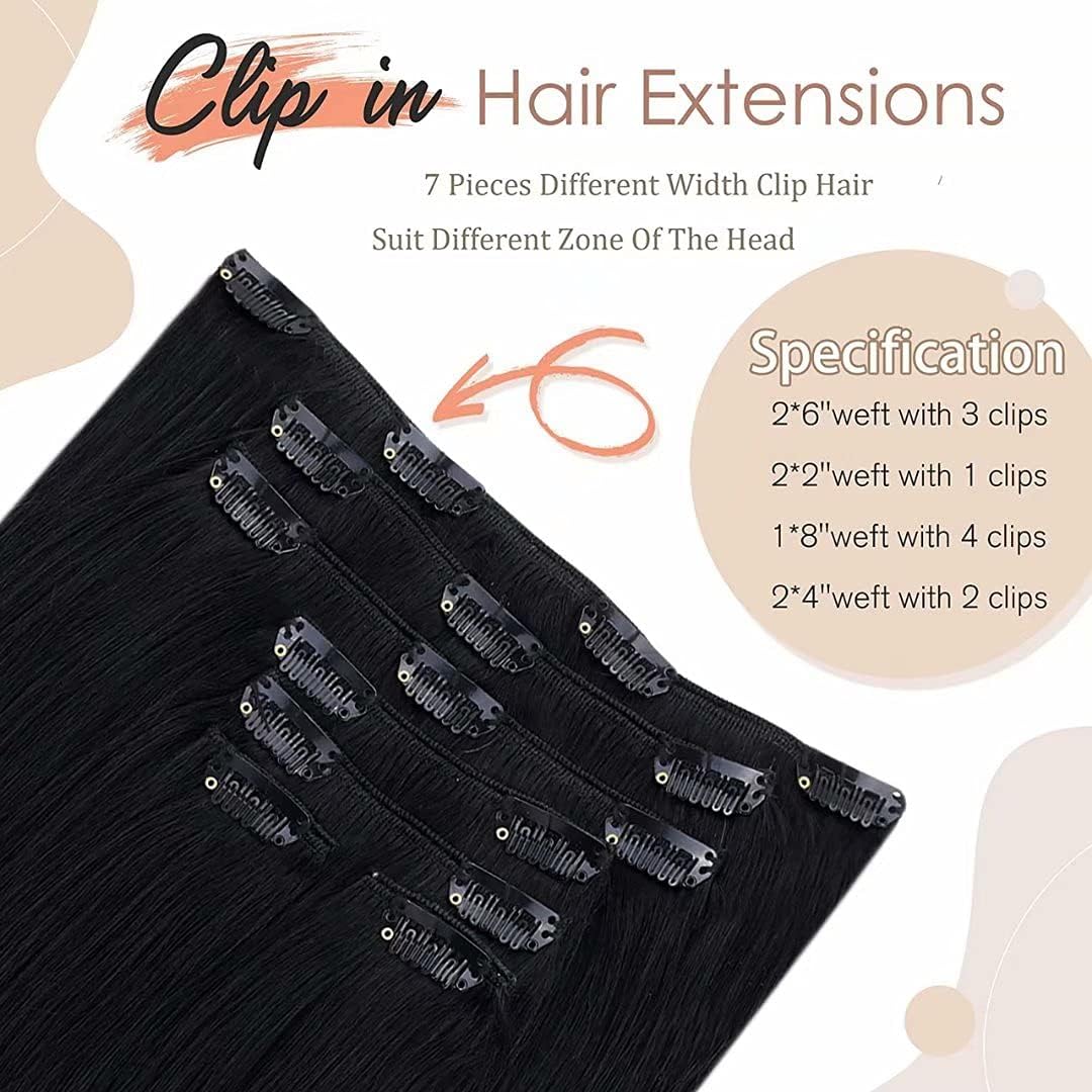 Hetto Clip in Hair Extensions Real Human Hair Black 22 Inch 120g 7Pcs - Image 3