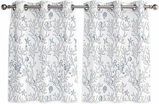 Blue Coral Coastal Kitchen Curtains Window Panels, Cute Starfish Conch Ocean Insulated Window Treatment Curtain, Grommet Curtains for Bedroom/Living Room/Bathroom, 2 Piece 42" Wx54 L