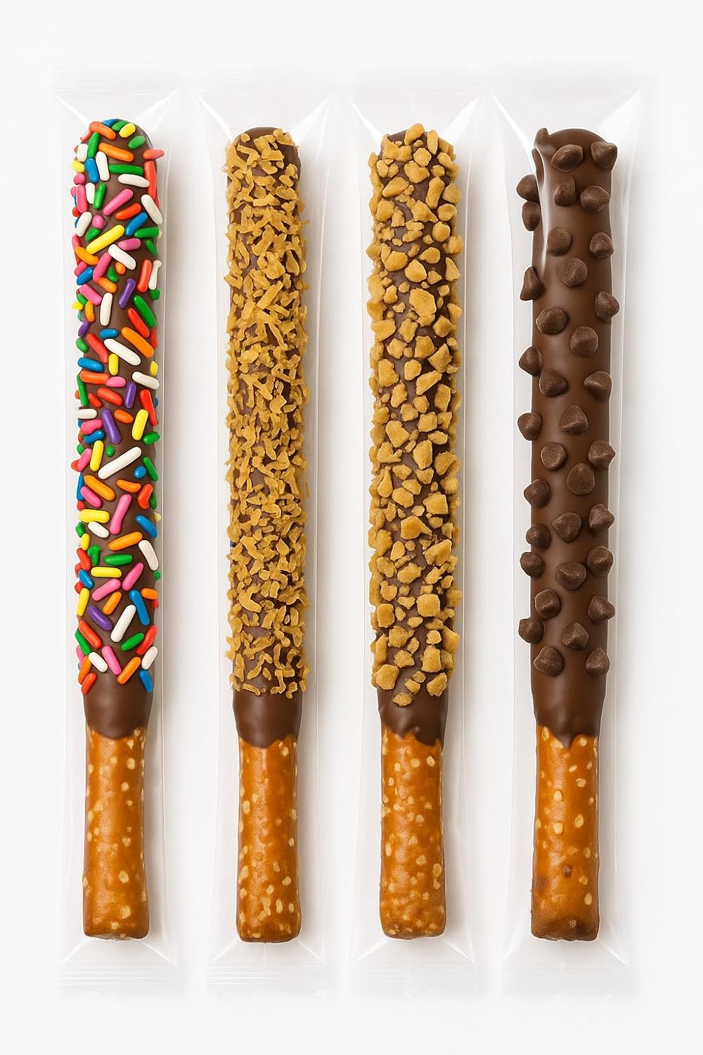 Chocolate Dipped Pretzel Rods Variety Pack – 20 Count – Sprinkles, Toffee, Coconut & Chocolate Chip – Individually Wrapped Gourmet Snack – Fresh Made to Order – Sweet & Salty Treat