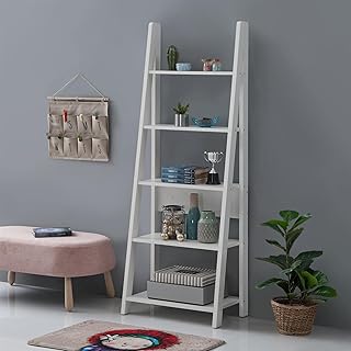 Timber Art Design UK Riva 5 Tier Bookcase Open Ladder Shelf Retro Contemporary Organizer Display Shelving Unit for Modern Living Room, Office Space Scandinavian, White - W64cm x H175.4cm x D36.7cm