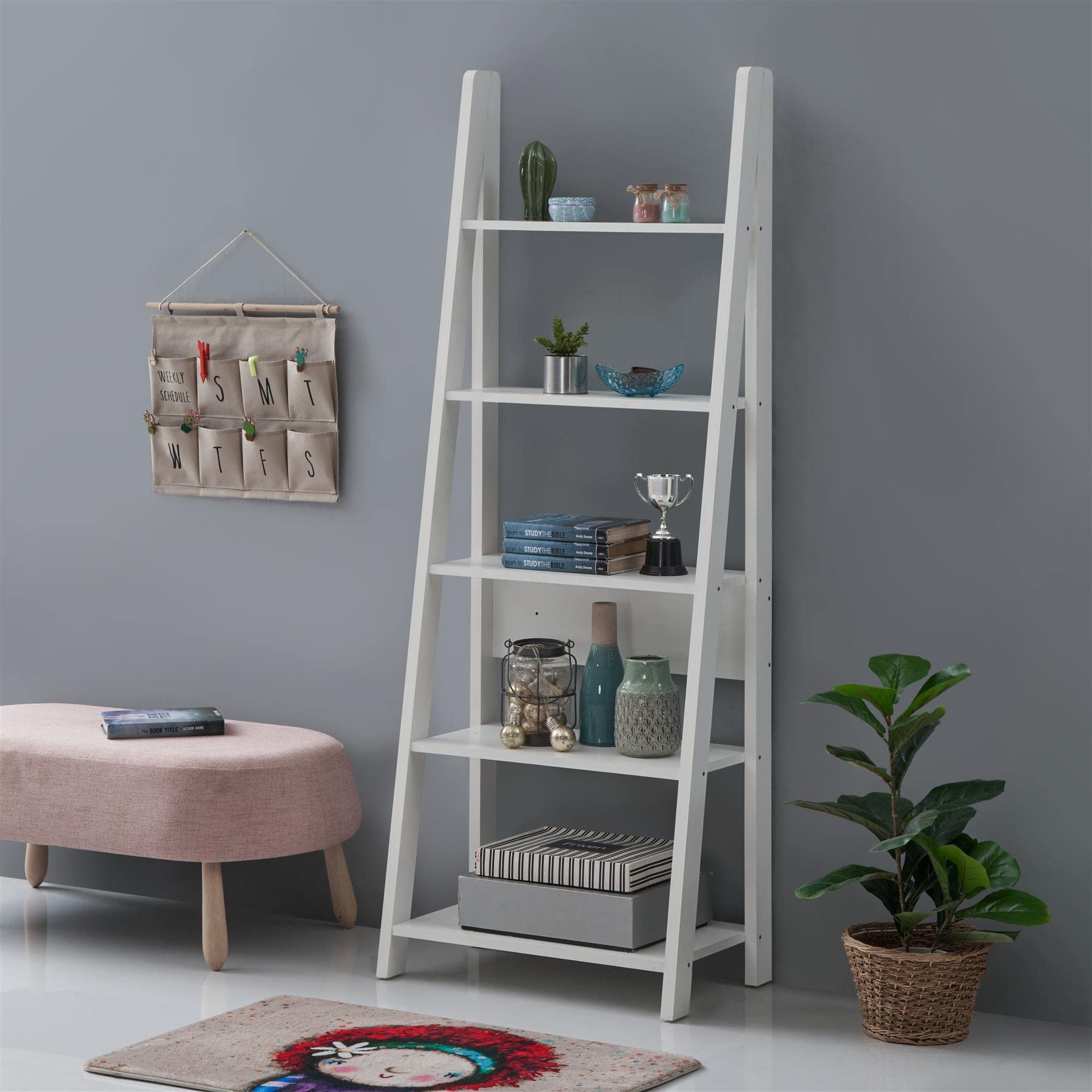 Timber Art Design UK Riva 5 Tier Bookcase Open Ladder Shelf Retro Contemporary Organizer Display Shelving Unit for Modern Living Room, Office Space Scandinavian, White - W64cm x H175.4cm x D36.7cm โ image 1