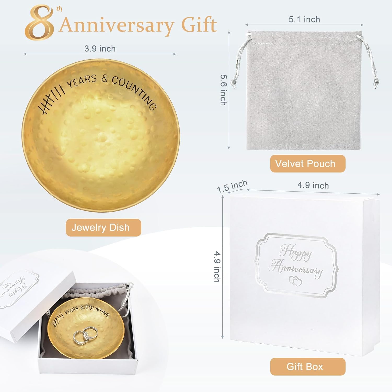 8 Year Wedding Anniversary Bronze Gifts 8th Gifts 4" Bronze Jewelry Tray Engraved Decorative Dish for Couple for Him or Her image 2