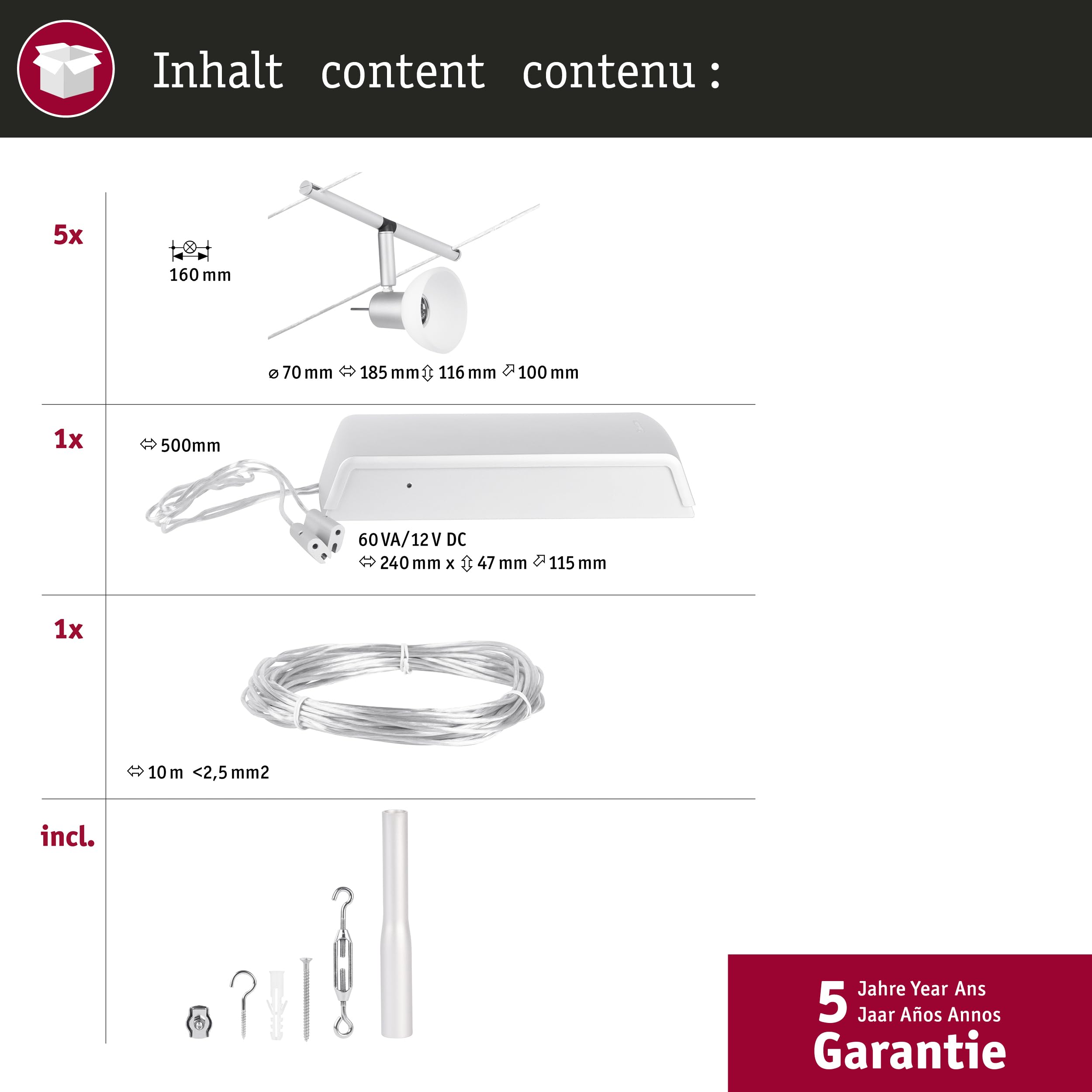 Paulmann 94448 CorDuo Set Système de Câbles Sheela DC 5 x 10 watts max, Éclairage Extensible Chrome Mat Câble Matière Plastique GU5,3 Système de Câbles sans Ampoules