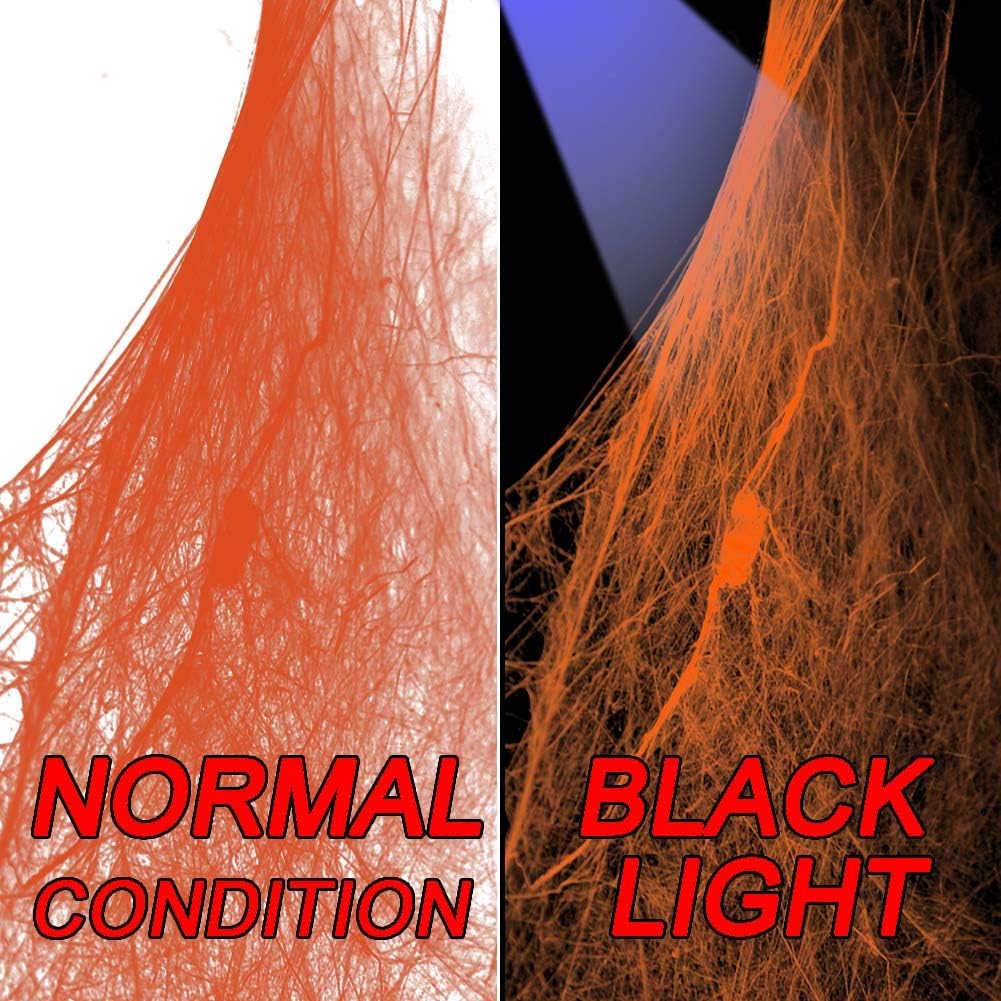 800 sqft Halloween Glow Spider Webs Indoor & Outdoor Spooky Spider Webbing with 37 Fake Spiders for Halloween Decorations, Orange with Blacklight Lamp image 4
