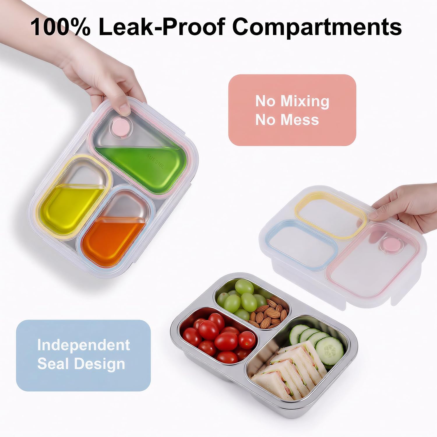 316 Stainless Steel Bento Box for Kids,Snack Box,3 Compartments Reusable on and go lunch Box kids with Lids, Durable for On-the-Go Meal,BPA-Free and Food-Safe Materialsfor School Camping Travel
