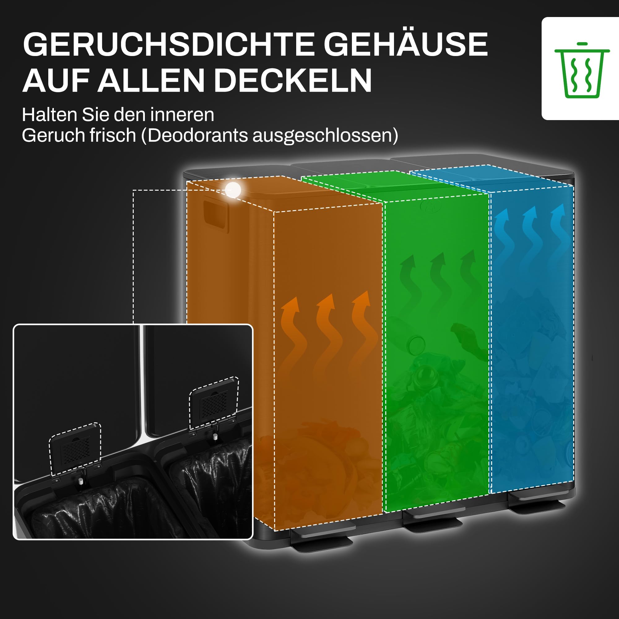 HOMCOM Mülleimer Küche Treteimer 3x15L 61,9x36,6x43,2 cm Schwarz | Softclose-Deckel, Pedal, Mülltrennsystem, 3 Fächer, inkl. Inneneimer, Abfalleimer, Abfallsammler, Edelstahl