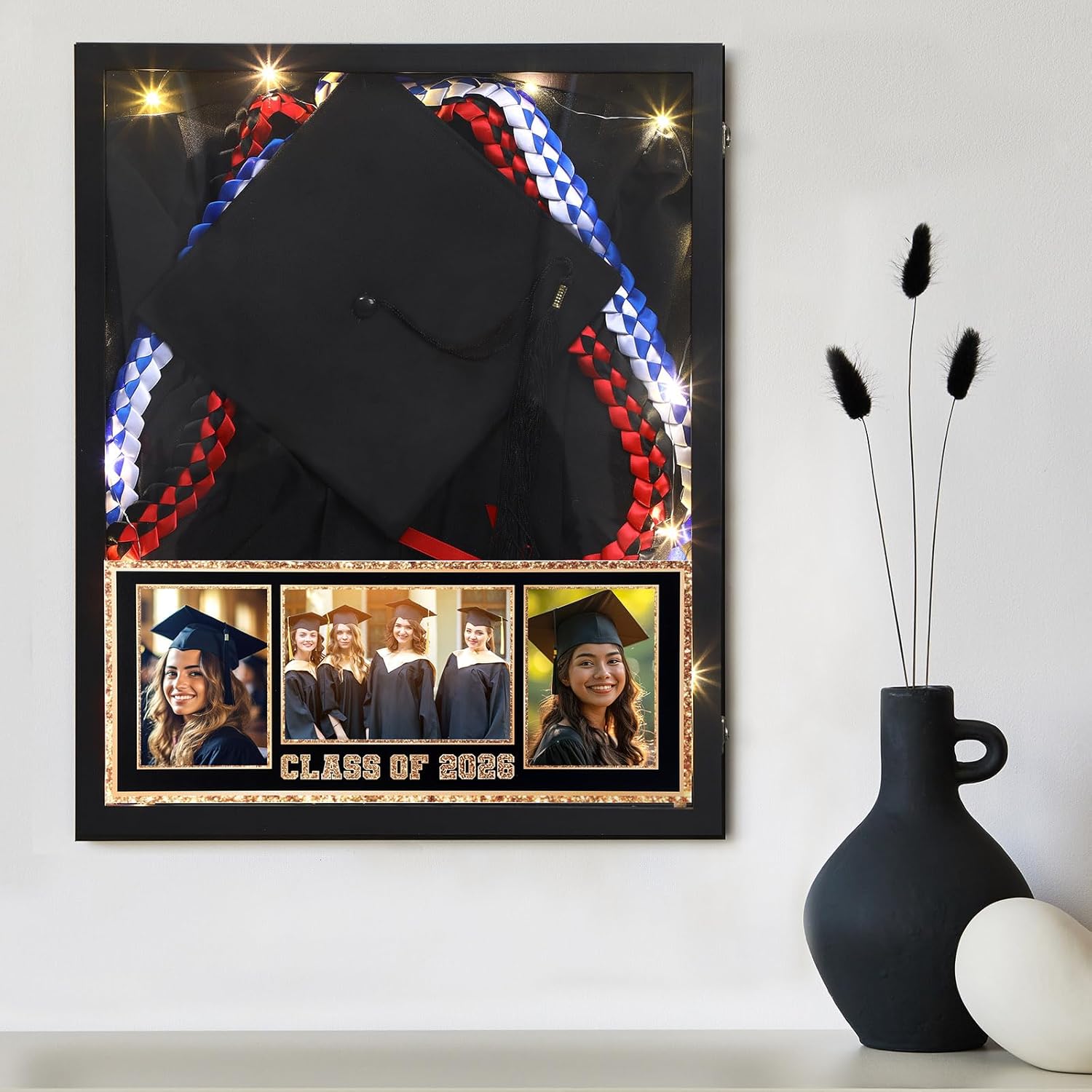 Seenelling Graduation Shadow Box 17" x 21" Large Graduation Picture Frame Class of 2026 Shadow Box with Window String Light Card Picture Display Case with Layered Design for Keepsake Memory Cap Gown