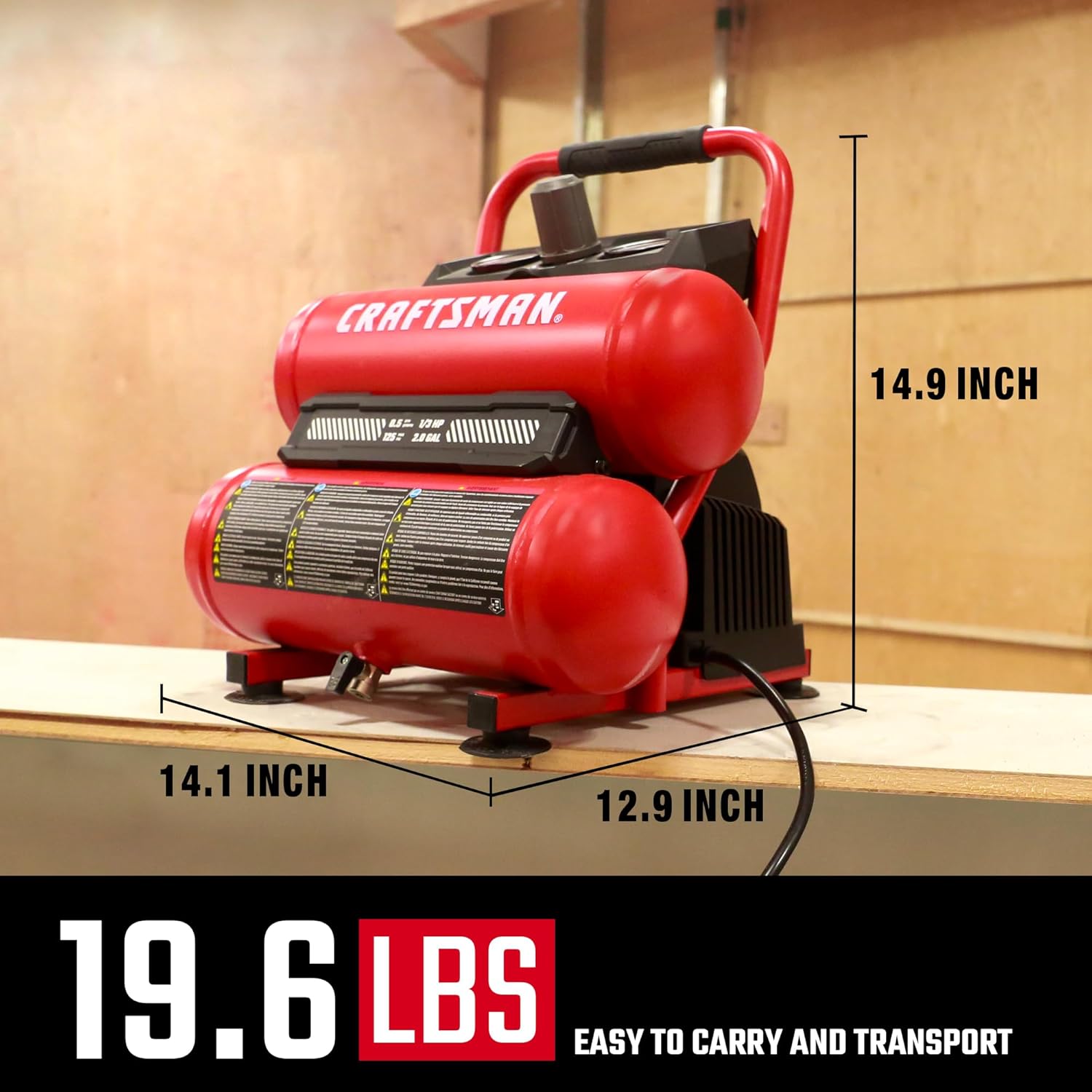 Craftsman 2-Gallon Air Compressor, 1/3 HP Oil-Free Twin Tank, 125 PSI Max – Portable & Quiet for Home DIY, Tire Inflation, Nailing & Spray Painting (Twin Stack)