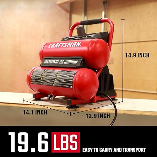 Miniatura 4 de CRAFTSMAN Compresor de aire portátil Herramienta de aire Twin Tank 2 galones, 1/3 HP sin aceite Max 125 PSI Presión, Modelo: CMXECXA0220242, Rojo