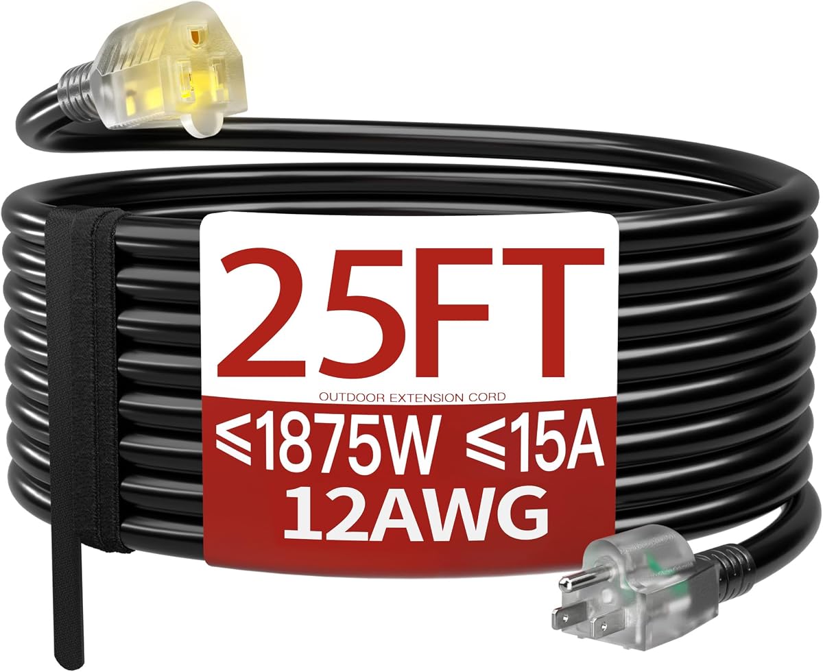 Skrizcable 25 FT 12 Gauge Extension Cord Outdoor, Black Power Cord | Heavy Duty Extension Cord 25 Ft, Extension Cords with Lighted end, Flame Retardant, 15 Amps 1875 Watts 125 VAC, ETL Listed
