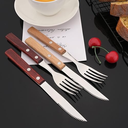 Miniatura 6 de JASHII Juego de cubiertos con mango de madera, servicio para 6, 24 piezas SUS304 de acero inoxidable con mango de madera marrón, pulido con espejo,