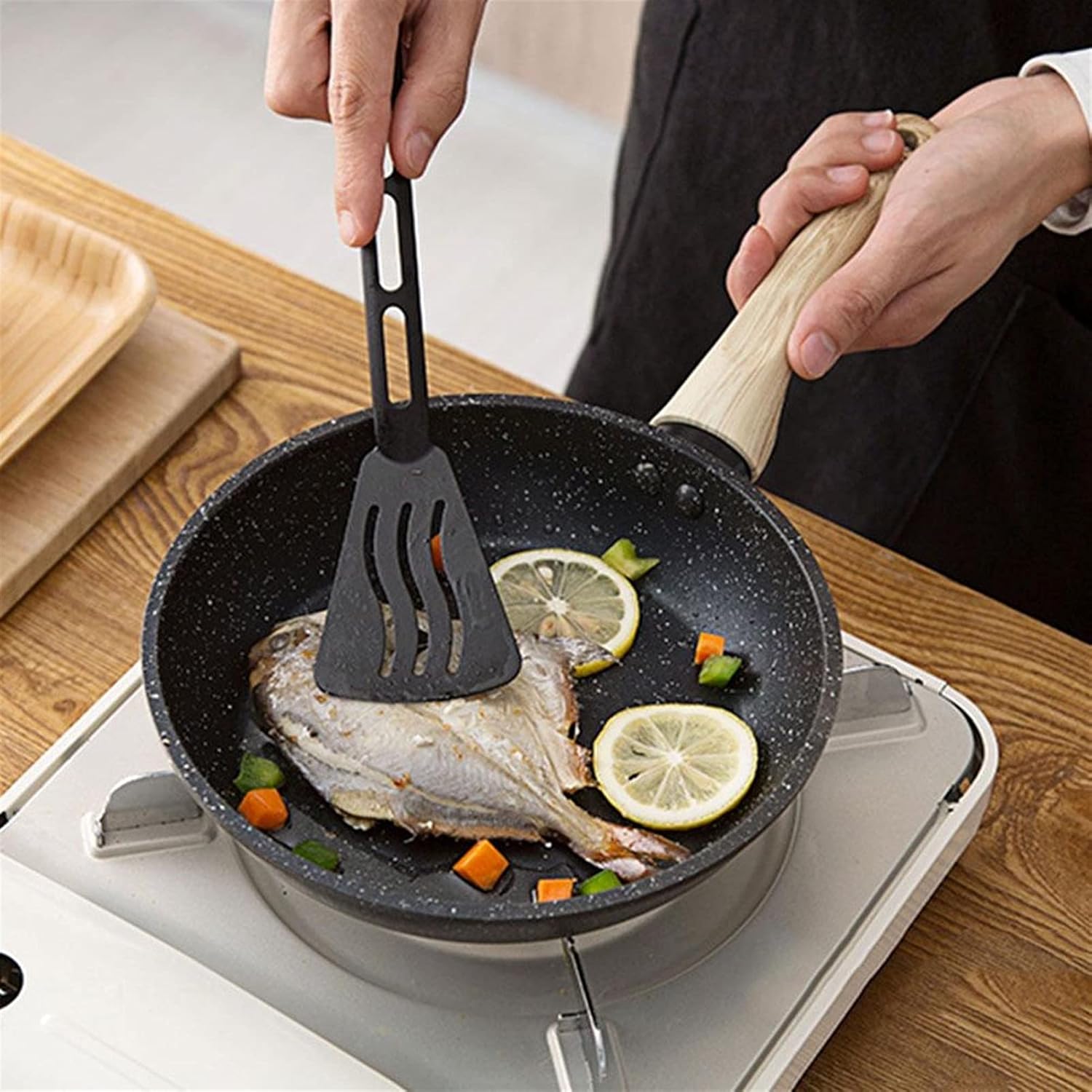 Saucepan Wooden Handle Frying Pan Maifan Saucepan Non- Stick Pan Cooking Pot Tray Wok Marble Stone Anti- die Casting Pan Dishwasher (Color : 16cm)