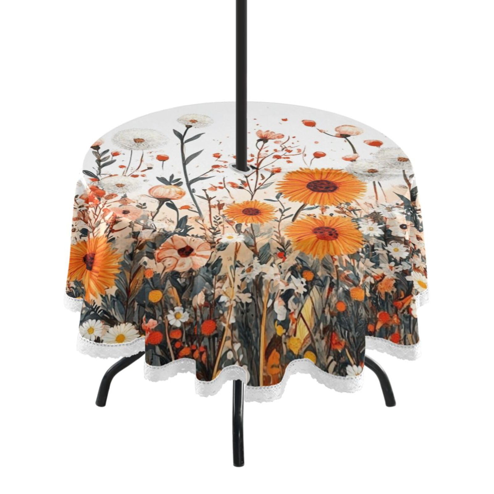 Ttgoth Wildflowers Outdoor Table Cloth 152 cm Water Stain & Resistan Tablecloth Wipeable Table Cover with Parasol Hole & Zipper for Garden Patio Party Picnic