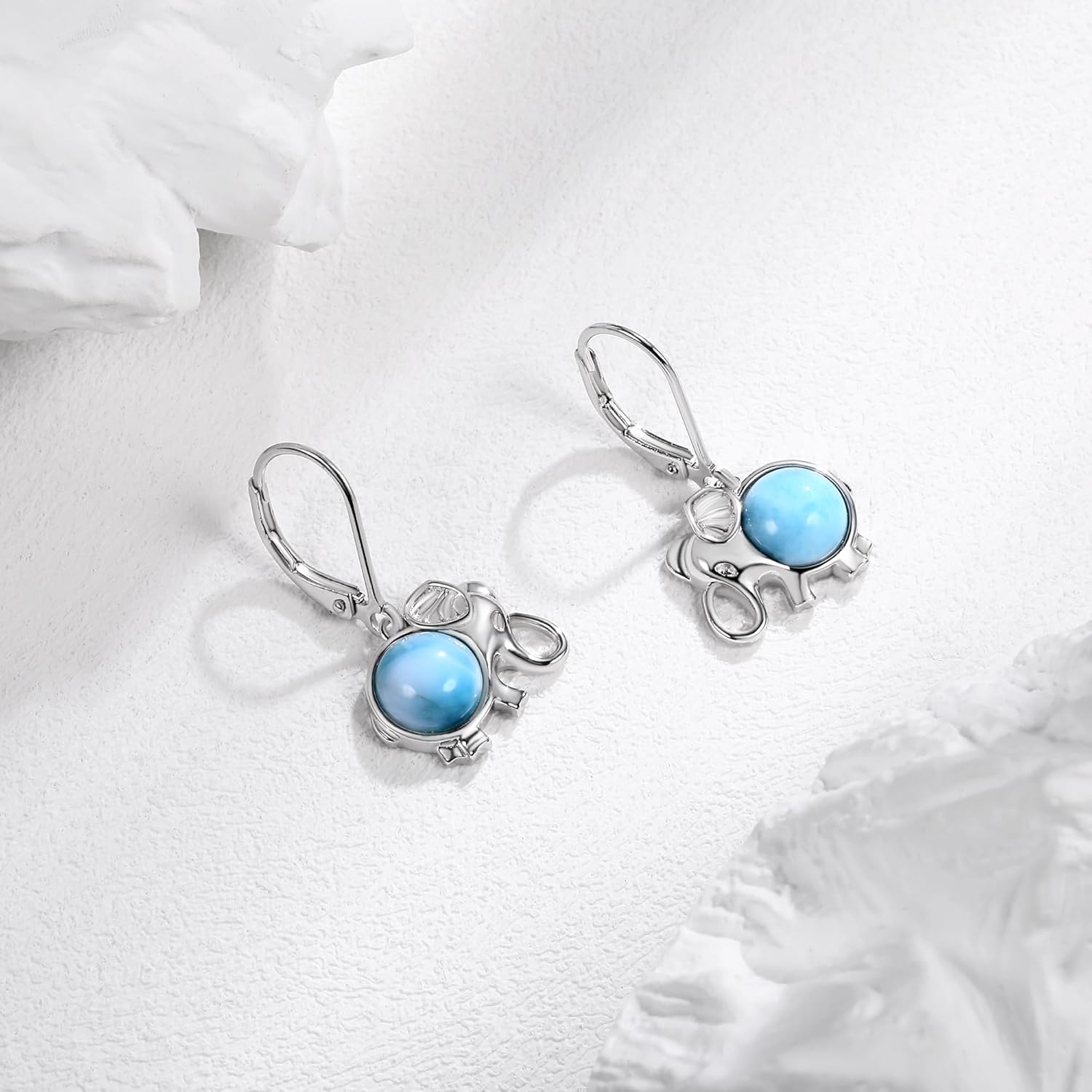 Larimar/Created Opal Gemstone Elephant Leverback Earrings for Women Hypoallergenic Jewelry Dangle Earings