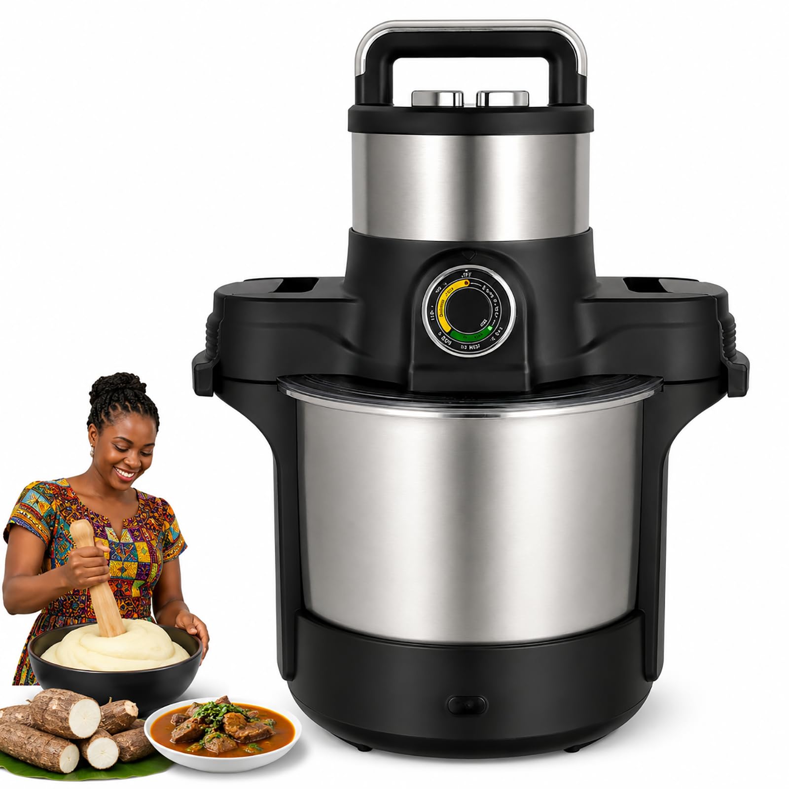 1600W Yam Pounder Machine, 6L Swallow Maker Food Processor with Precision Knob Timer, Stainless Steel Pounded Yam Maker for Fufu, Amala, Banku, Ugali