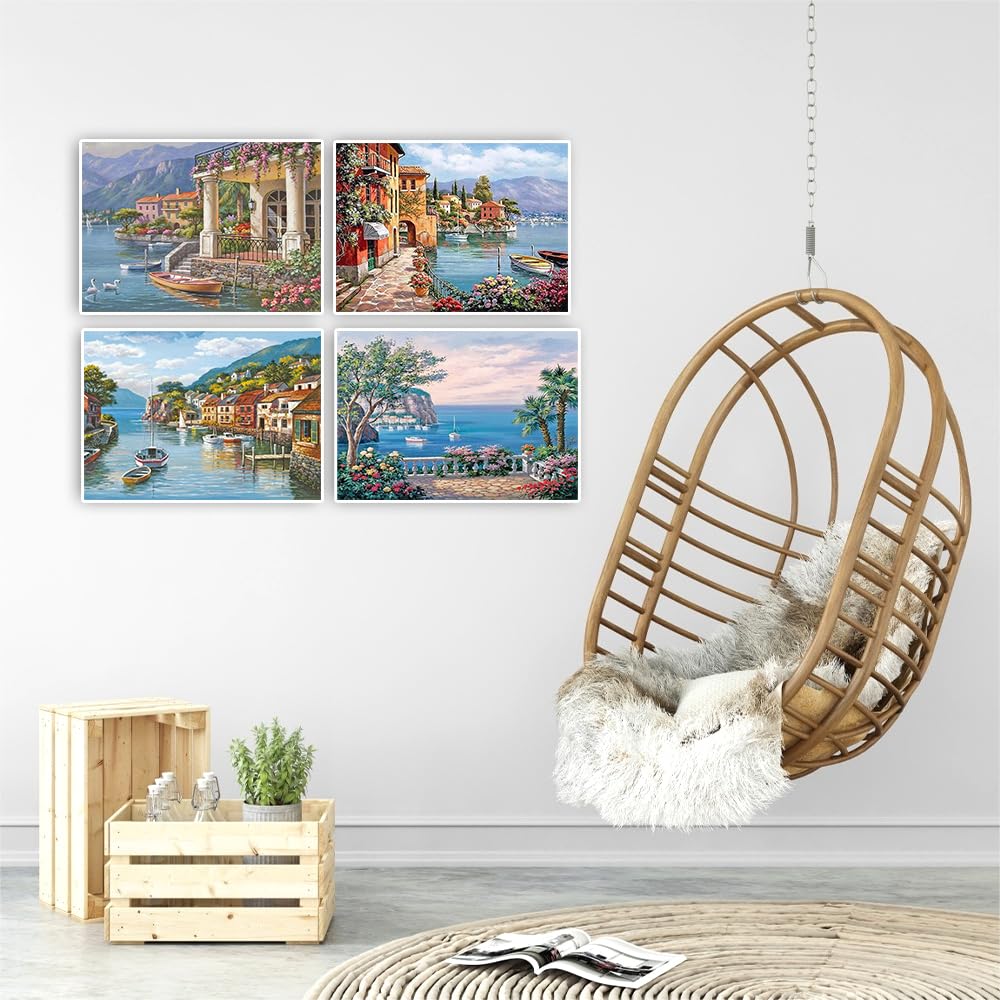 DCIDBEI Set di 4 quadri per diamond painting paesaggi, 40 x 50 cm, pittura con diamanti per spiaggia, pittura con numeri, spiaggia e mare, Diamond Painting Grecia Diamond Puzzle Paesaggio Santonia