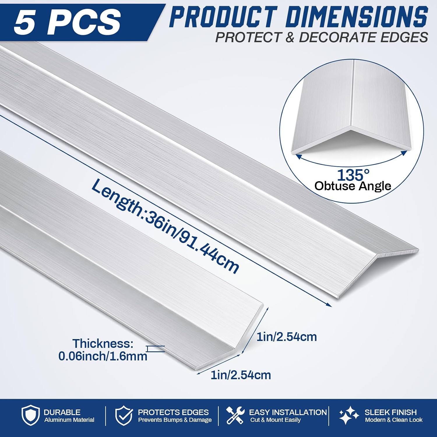 5 Pcs 135 Degree Corner Trim Stainless Steel, 1x1x1/16'' Aluminum Angle | Furniture Protection and Wall Corner Guard, Mill Finish 6063 T5 Extruded Metal L Shape Edge 36 Inch Lengths