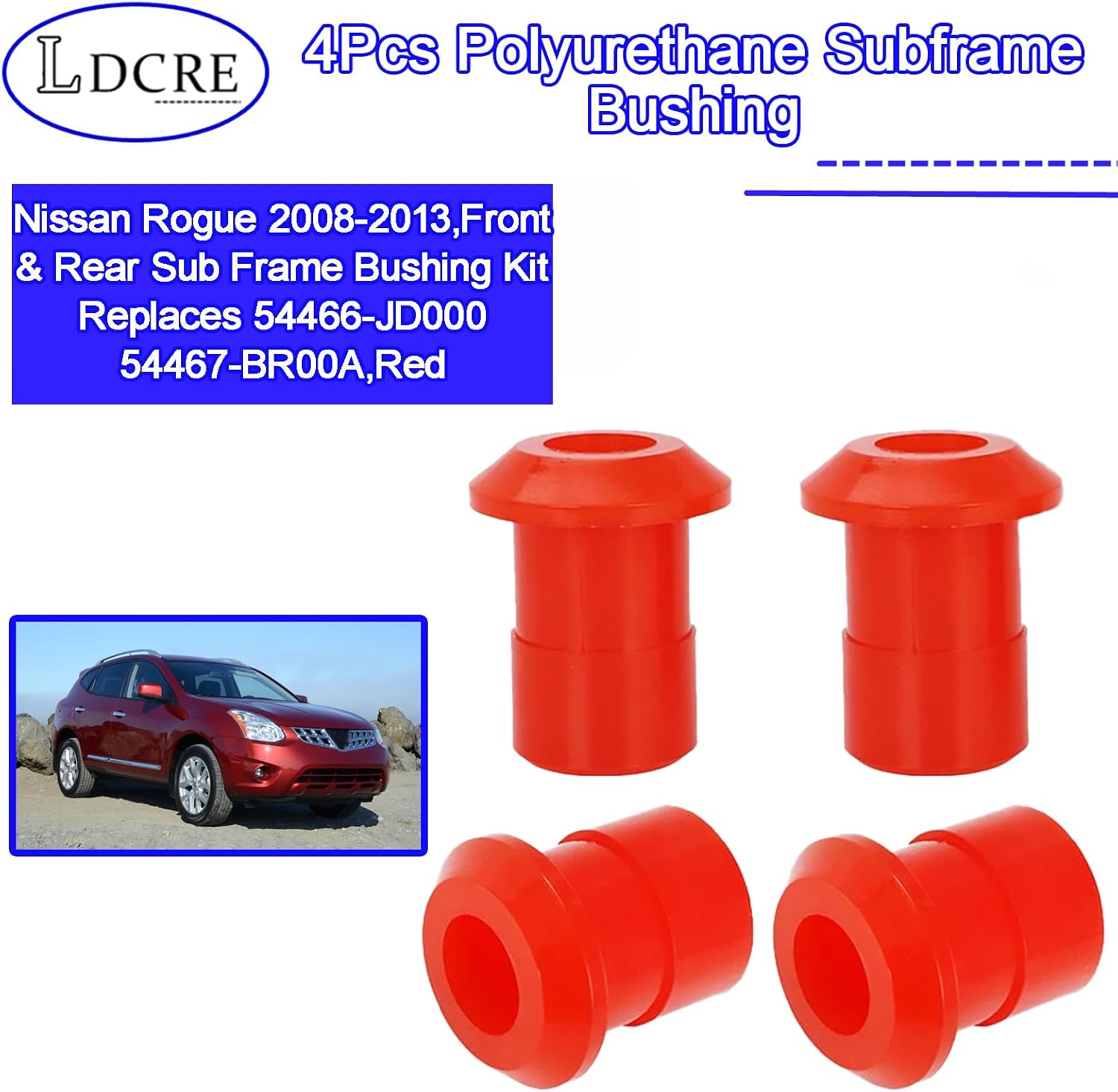 4Pcs Polyurethane Subframe Bushing Kit,Compatible With Nissan Rogue 2008-2013,Front & Rear Sub Frame Bushing Kit Replaces 54466-JD000 54467-BR00A,Red