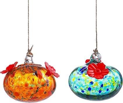 2 Hand Blown Glass Hummingbird Feeders for Outdoors Bundle Glass with 2 Feeding Ports Leak Proof Small Glass Hummingbird Feeder for Window Garden Patio Decoration