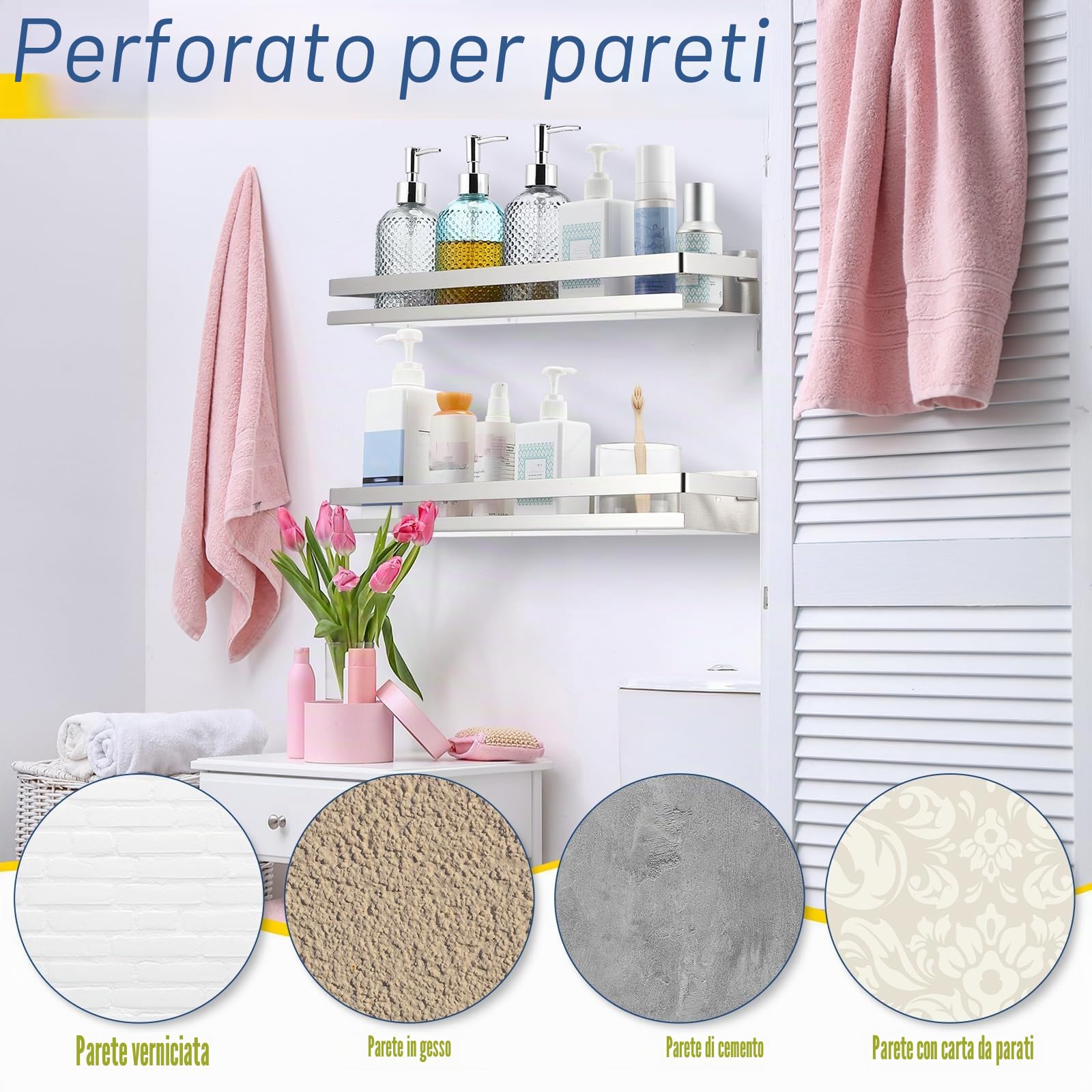 Lallisa 2 pezzi di mensole a parete in acciaio inossidabile (argento, 50 cm) – Mensola per doccia per bagno e doccia, design sospeso a parete, organizer per cestino portaoggetti per bagno, cucina e