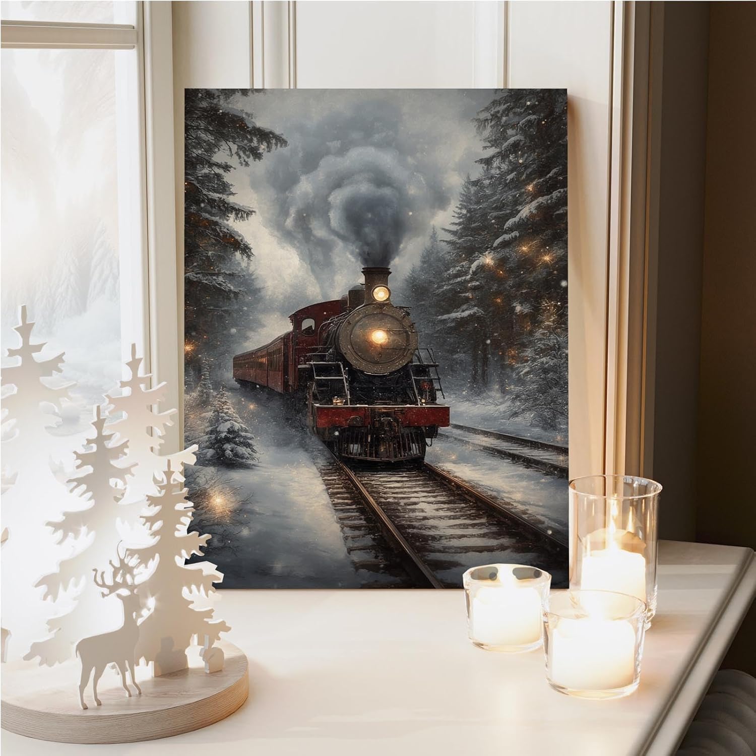vjfkskuey Vintage Polar Express poster old train print Christmas wall decoration steam train decoration retro locomotive railway wall painting romantic winter suitable for home decoration