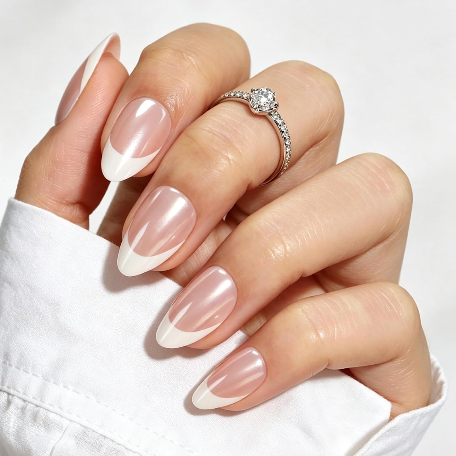 Short Almond Press On Nails, Chrome French Tip Soft Gel Reusable, 32PCS 16 Sizes, Salon Quality Long Lasting Fake Nails with Nail Glue & File Kit for Women Girls, Daily Wear