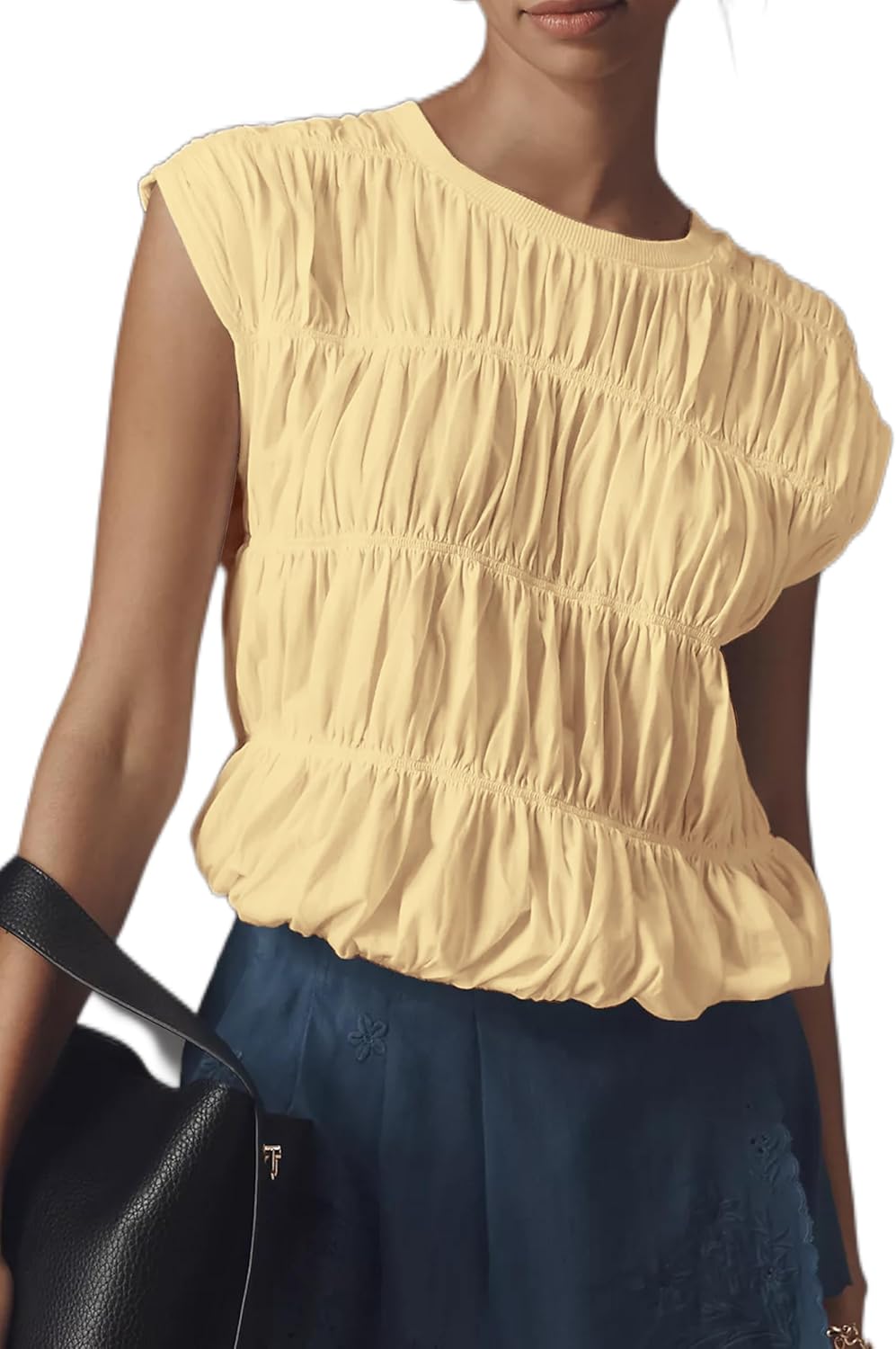 Womens Tiered Shirred Smocked Crop Tank Top Cap Sleeve Crew Neck Elastic Hem Y2K Going Out Blouse Shirt