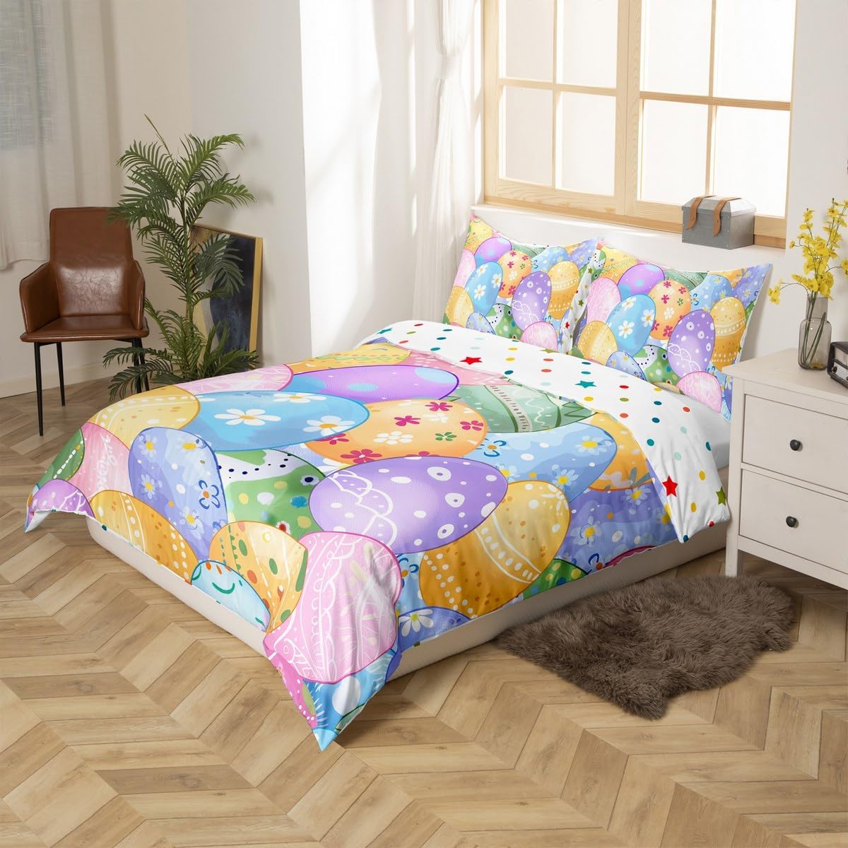 Happy Easter Bedding Set Queen Size Rainbow Colorful Eggs Duvet Cover Set 3pcs for Kids Girls Boys Adult Room Decor Stripes Floral Graffiti Comforter Cover Spring Gifts Quilt Cover,2 Pillowcases