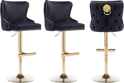 Miniatura 9 de KCC Taburetes de bar modernos de altura de mostrador, silla giratoria ajustable con respaldo alto copetudo, base cromada, anillo de cabeza de león