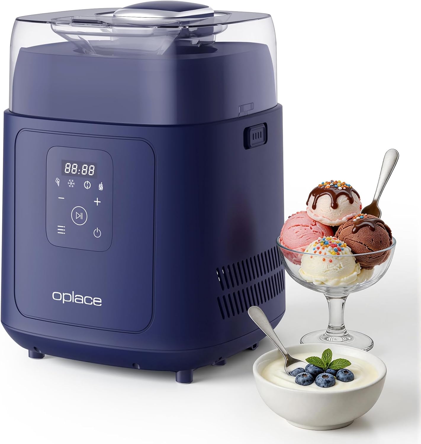 4-in-1 Compressor Ice Cream Maker (1.0Qt), No Pre-Freezing, Automatic Yogurt Maker, Gelato Sorbet Frozen Yogurt Soft Serve Machine, Compact Vertical Design for Home Kitchen (Navy Blue)