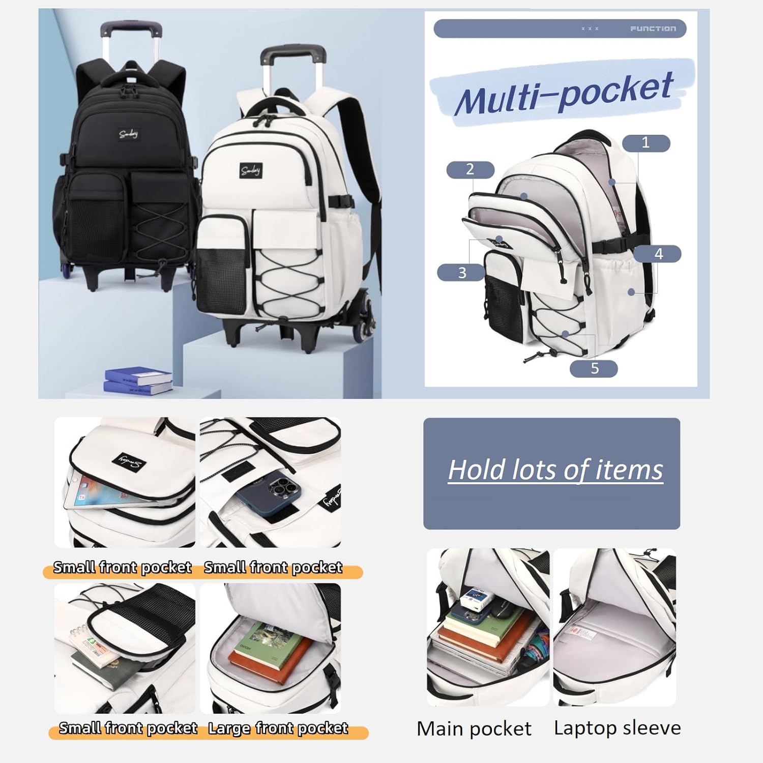 Rolling Backpack for Boys with Wheels Roller Backpack Wheeled School Bag for Teen Boys Black