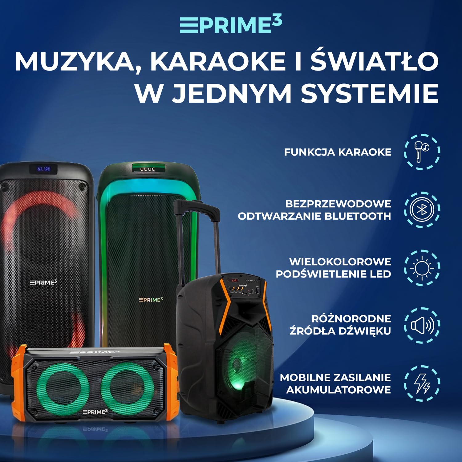 PRIME3 -Głośnik Bluetooth - System Audio i Karaoke - 1600 W P.M.P.O., Mikrofon Bezprzewodowy, Oświetlenie LED, USB, AUX, microSD, Equalizer i Pilot w Zestawie - APS22 BLAZE