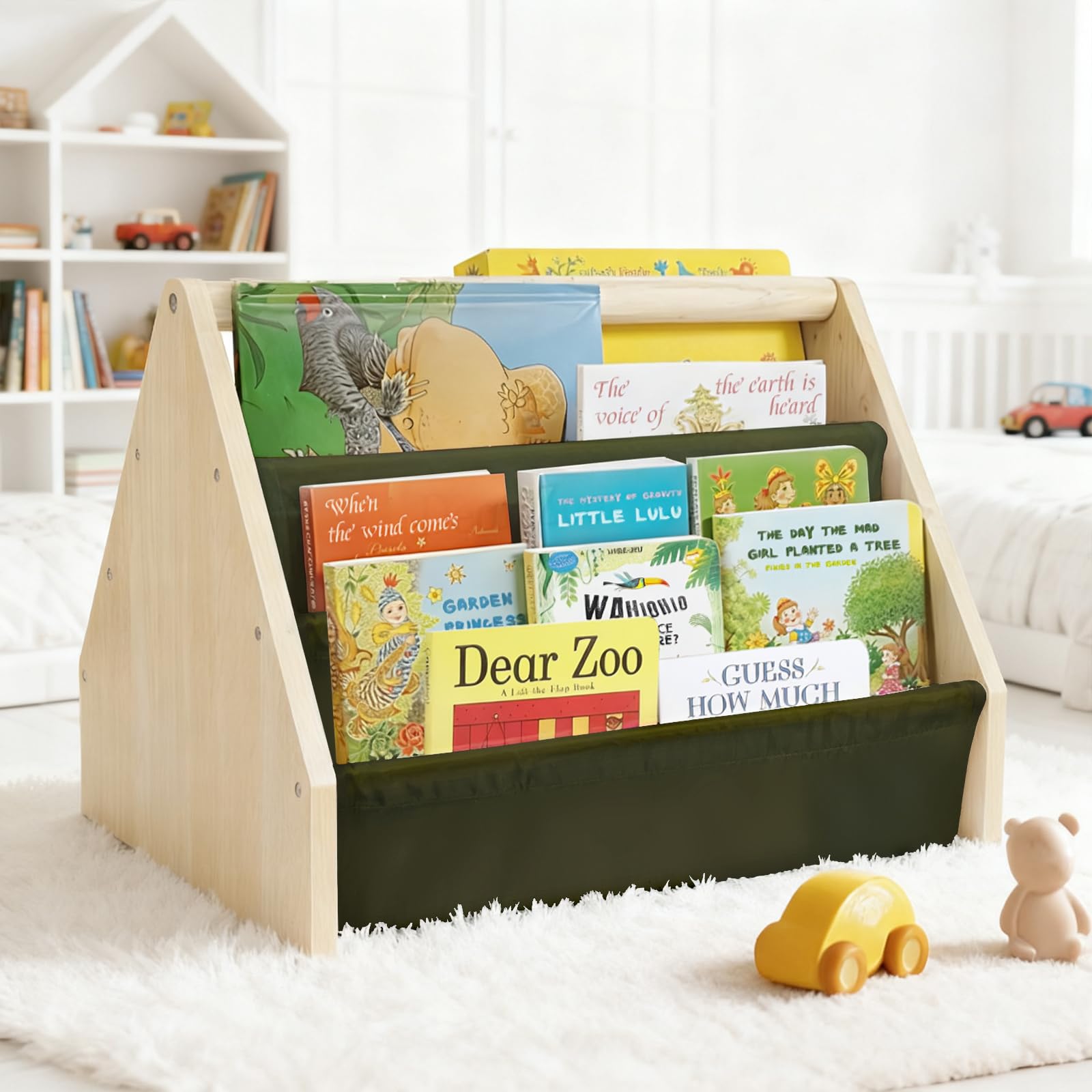 Epelay 19" Kids Bookshelf, 6-Tier Double-Sided Book Shelf for Kids Rooms, Montessori Bookcase for Toddlers with 5 Deep Fabric Pockets, Natural Wood/Green Toy Storage Organizer for Nursery or Playroom