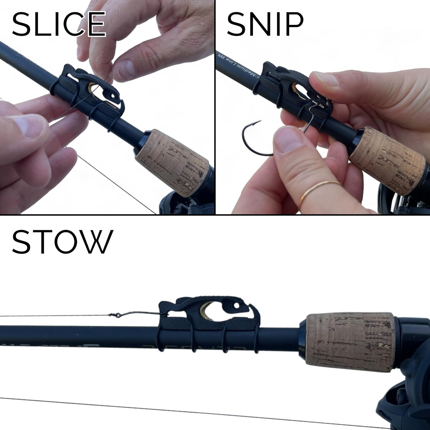 FinMan Multitool & Stow | Rod Mounted Line Cutter & Hook Keeper for Tackle Changes | Prevent Tangles, Keep Hooks Safe and Sharp, and Secure Weights | Easy to Install & Made in The USA