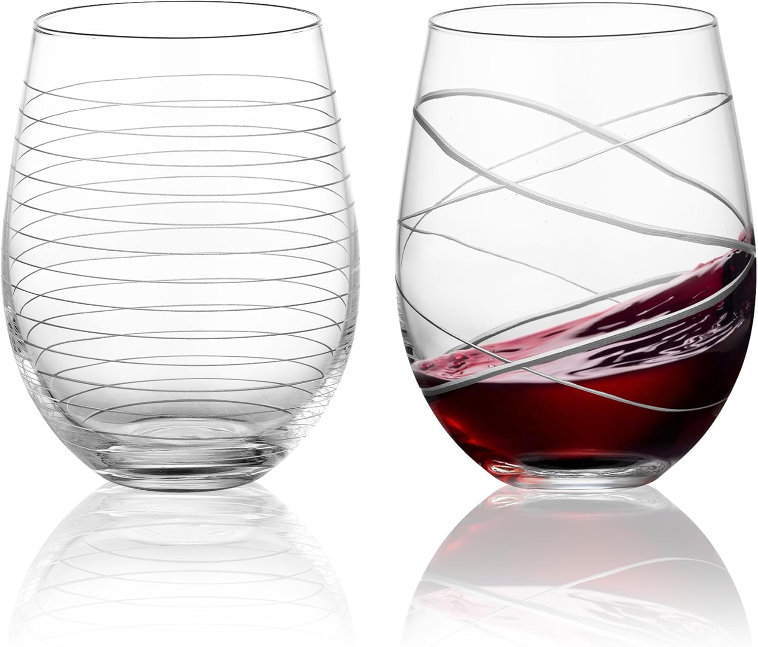 Joeyan Hand Blown Etched Stemless Wine Glasses with Strips Swirls Pattern for Red Wine,Large Carved Drinking Glass Cups Tumblers for Wedding Anniversary Party Home,Set of 2, 17.5 oz, Dishwasher Safe