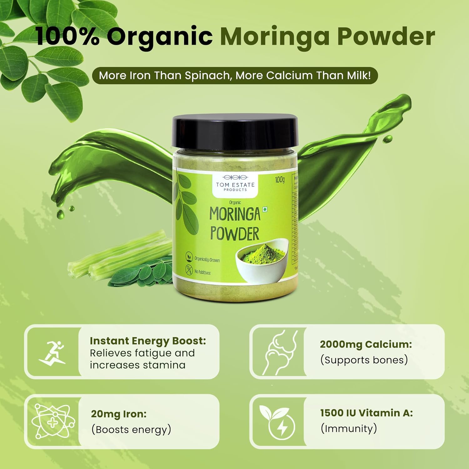 Tom Estate Organic Moringa Powder-100% pure quality Moringa, rich in leaf powder, vitamins, minerals and antioxidants, enhances immunity, is suitable for skin and hair care, chemical-free, preservatives-free, weight loss, men and women. (100 grams) Tom Estate Organic Moringa Powder-100% pure quality Moringa, rich in leaf powder, vitamins, minerals and antioxidants, enhances immunity, is suitable for skin and hair care, chemical-free, preservatives-free, weight loss, men and women. (100 grams)