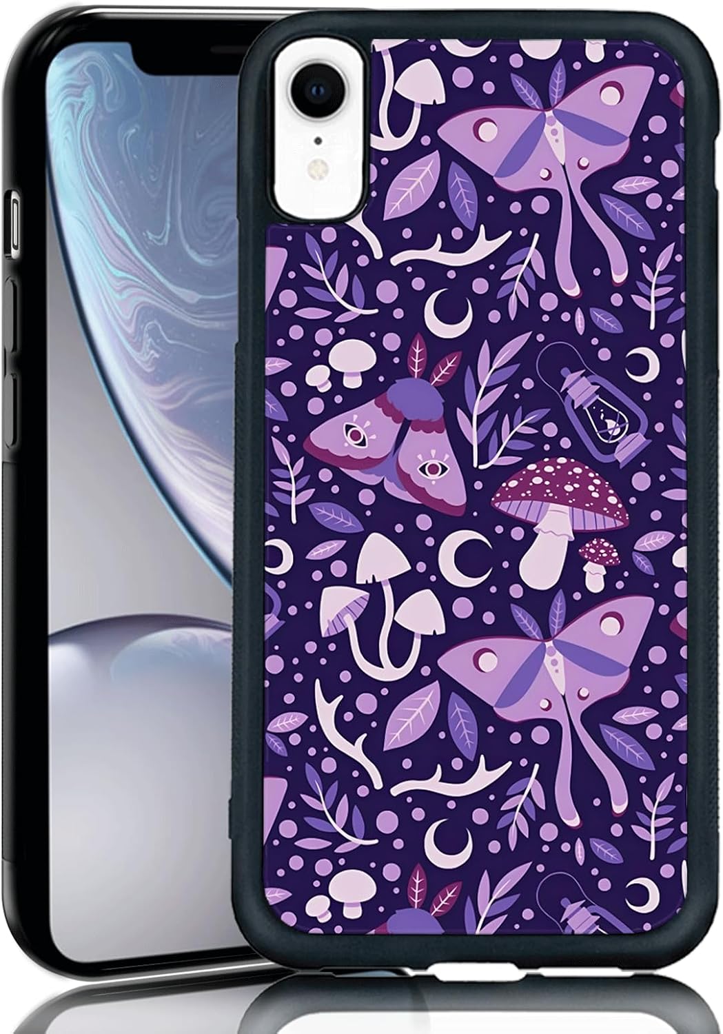 Purple The Woods Phone Case Fit for iPhone XR — TPU Shockproof Designed Mushrooms Moth Phone Cover Gift for Boy Girl Men Women