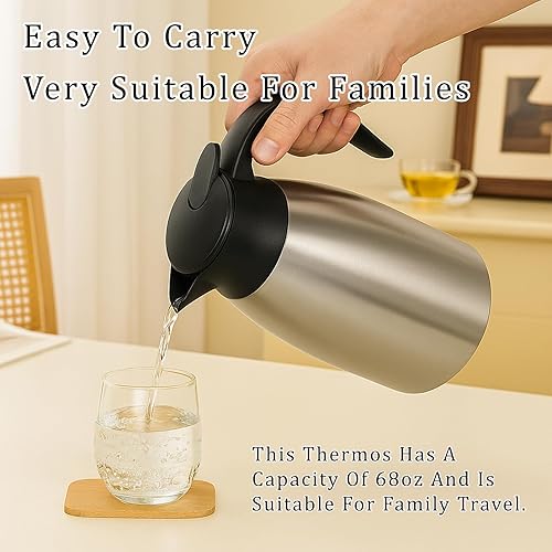 Miniatura 3 de 2 jarras de café aisladas de 68 onzas, jarra térmica de acero inoxidable para líquidos calientes, dispensador de termo de café de doble pared con