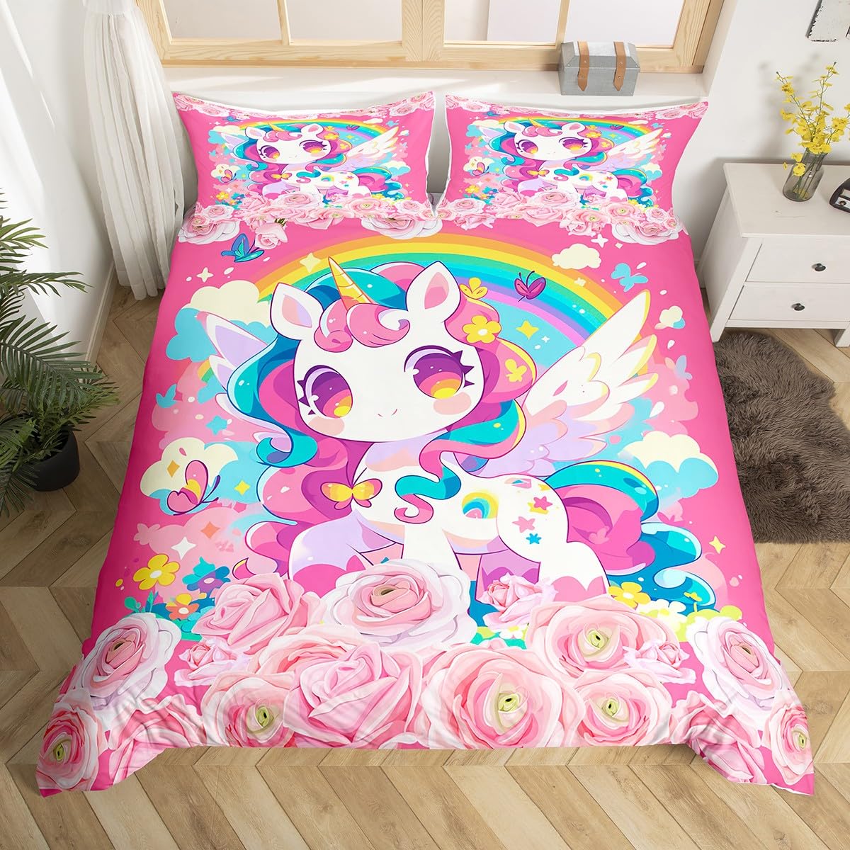 Manfei Cute Unicorn Kids Duvet Cover Set King Size, Pink Rose Flower Unicorn Comforter Cover, Cartoon Rainbow Unicorn Bedding Set for Girls Princess Adult, Lightweight Bedspread Cover, 2 Pillowcases